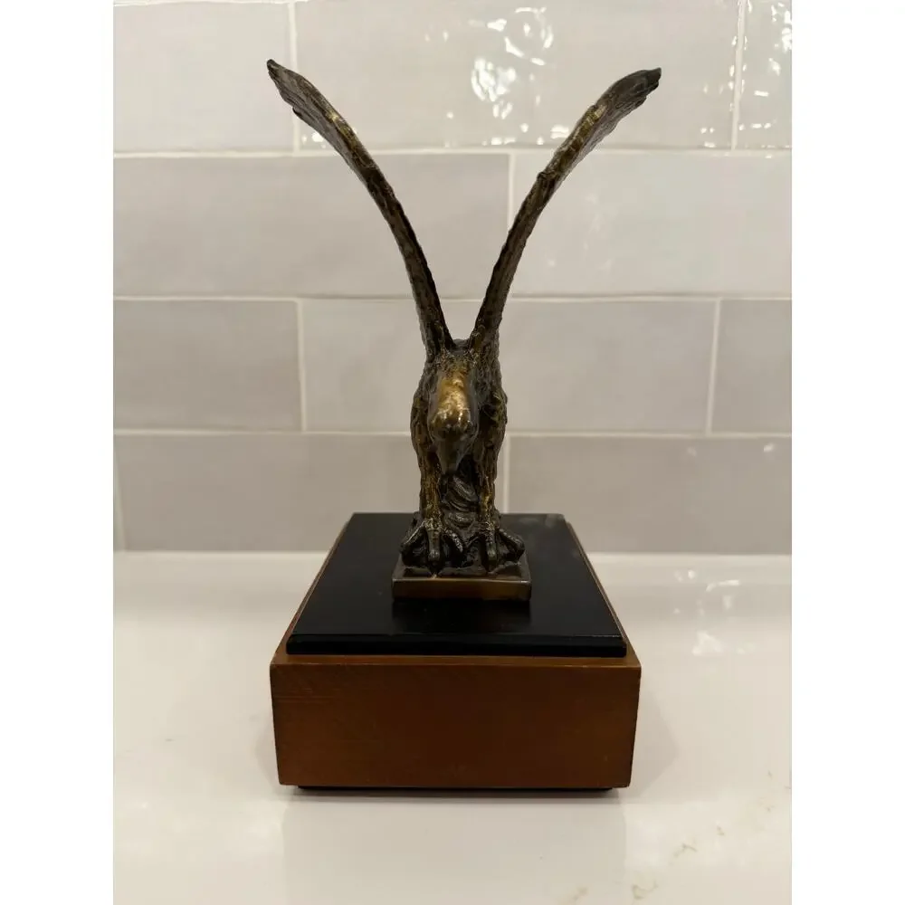 Vintage Antiqued Brass Signed‎ Eagle Sculpture on Base